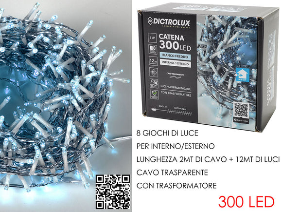 300 LED BIANCO GHIACCIO X ESTERNO CAVO TRASPARENTE
