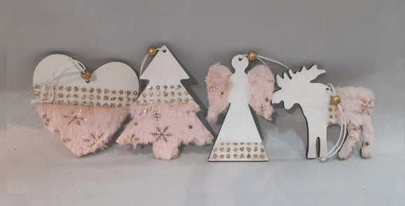 DECORAZIONE LEGNO CM.10X12 CUORE/ANGELO/ALBERO/RENNA C/PELO
