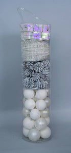 65 DECORAZIONI ASS.BIANCO 20MT.DI FILO IN CILINDRO CM.16X61