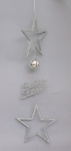 PENDENTE PVC CM.100 STELLE/SFERE/BUONE FESTE GLITTER ARGENTO