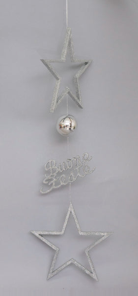 PENDENTE PVC CM.100 STELLE/SFERE/BUONE FESTE GLITTER ARGENTO