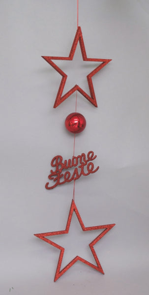 PENDENTE CM.100 ROSSO PVC STELLE/SFERE BUONE FESTE GLITTER
