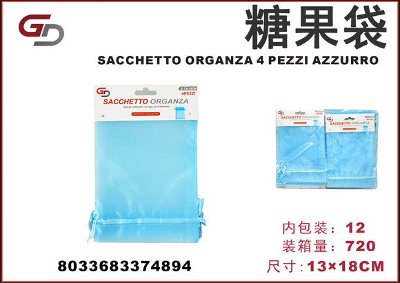 SACCHETTO ORGANZA 13*18CM 4 PEZZI AZZURRO 1/12PZ. CT720