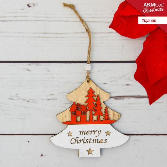 ALBERO LEGNO C/PAESAGGIO NATALIZIO ROSSO CM.10,5