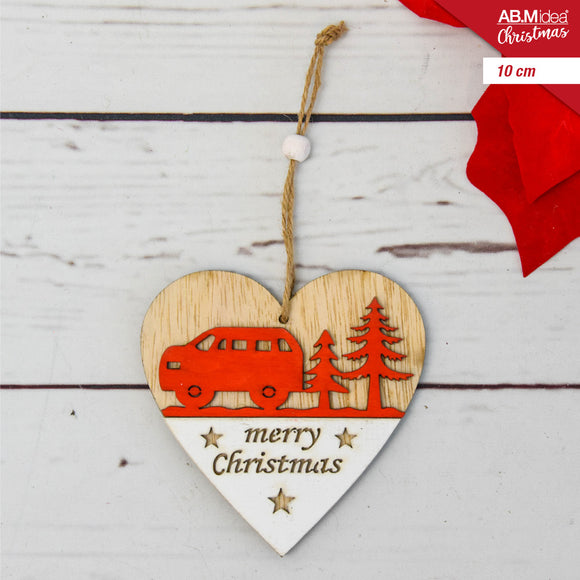 CUORE LEGNO C/PAESAGGIO NATALIZIO ROSSO CM.10