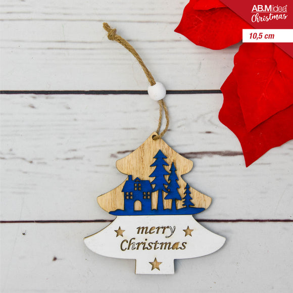 ALBERO LEGNO C/PAESAGGIO NATALIZIO BLU CM.10,5